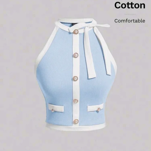 MOD Women's Color-Blocked Halter Top With Front Buckle Decoration And Rim - Picture 1 of 4